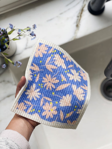Pink Flowers on Blue - Swedish Dishcloth