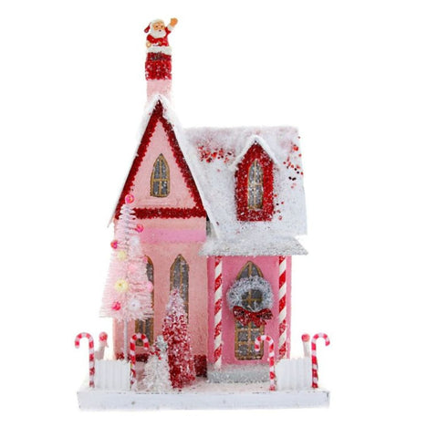 Candy Cane Cottage Glitter Holiday House with Santa
