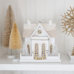 White Winter Glitter Holiday House with Birds