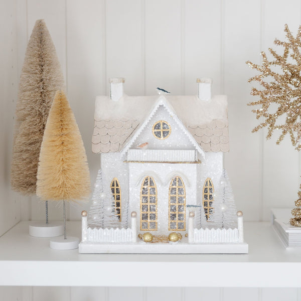 White Winter Glitter Holiday House with Birds