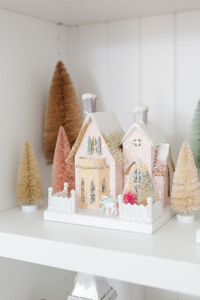 Pink Manor + Green Christmas Tree Glitter Holiday House