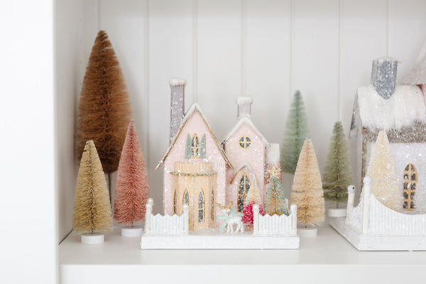 Pink Manor + Green Christmas Tree Glitter Holiday House
