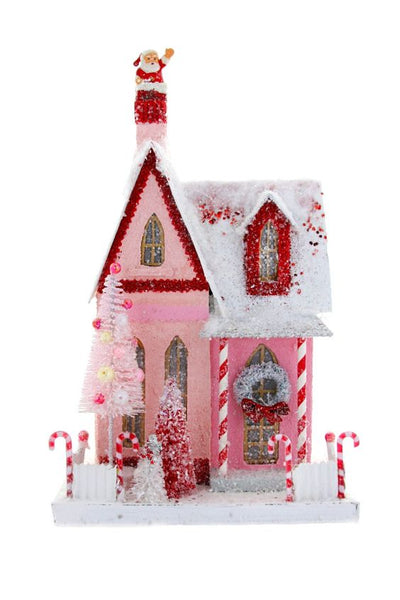 Candy Cane Cottage Glitter Holiday House with Santa