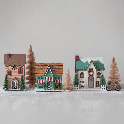 Cream House with Deer Glitter Holiday House (NEW!)