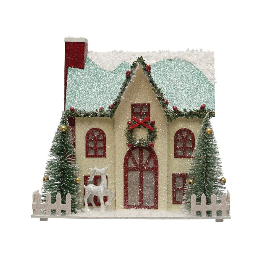 Cream House with Deer Glitter Holiday House (NEW!)