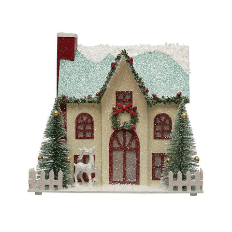 Cream House with Deer Glitter Holiday House (NEW!)