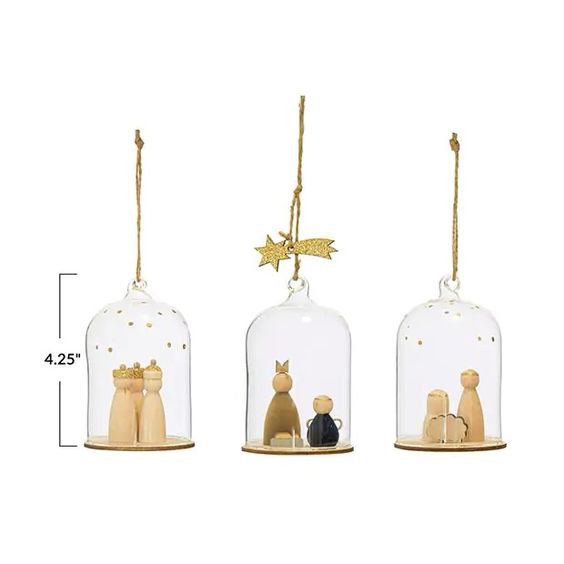 Glass Cloche Ornaments w/ Wood Nativity Scenes