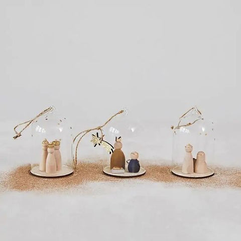 Glass Cloche Ornaments w/ Wood Nativity Scenes