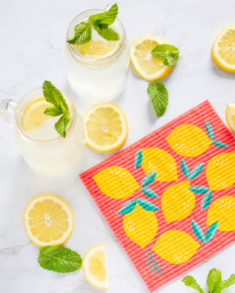 Lemons on Pink - Swedish Dishcloth