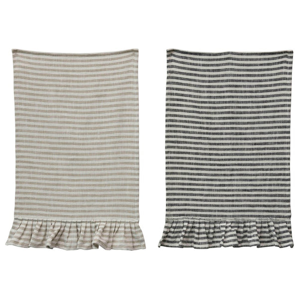 Natural & White Stripe Cotton Tea Towel with Ruffle